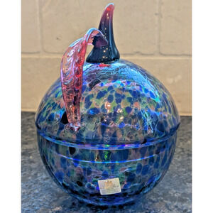 VTG Design Guild Czech Art Glass Candy Dish Apple Shape Iridescent Lid Bowl Rare